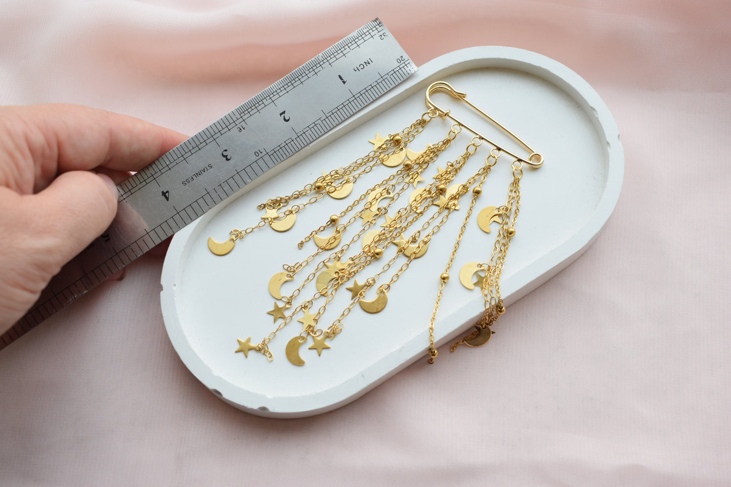 Celestial Star & Moon Brooch – Gold Chain Cosmic Lapel Pin Jewelry Gift