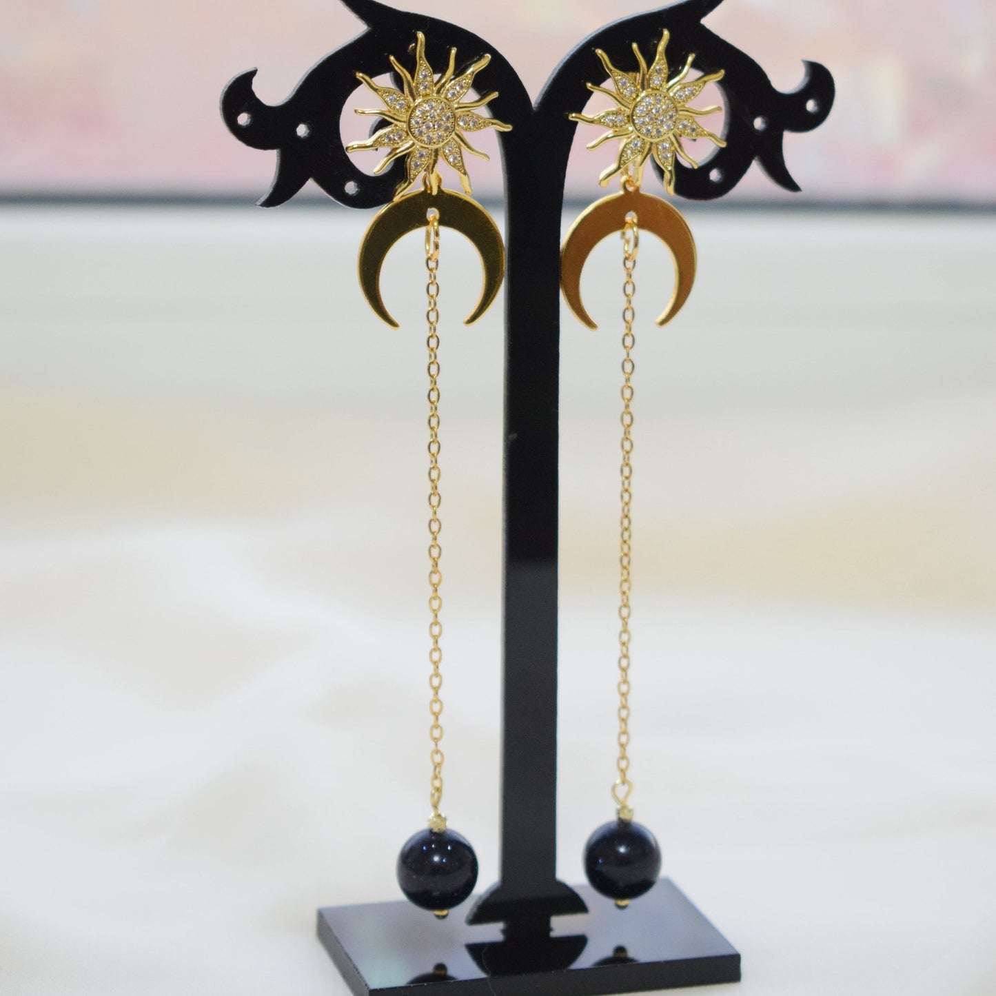 Aventurine Sun & Moon Long Chain Earrings – Golden Celestial Jewelry
