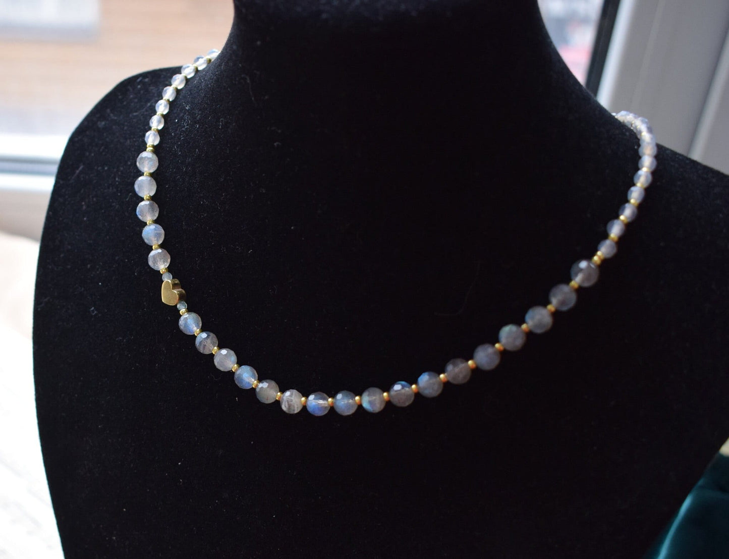Labradorite Necklace with Heart Bead - Crystal Choker Jewelry Gift for Her