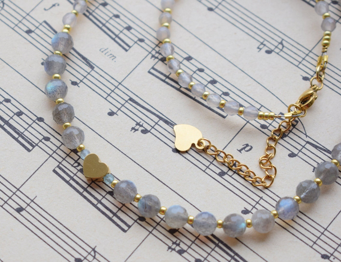 Labradorite Necklace with Heart Bead - Crystal Choker Jewelry Gift for Her