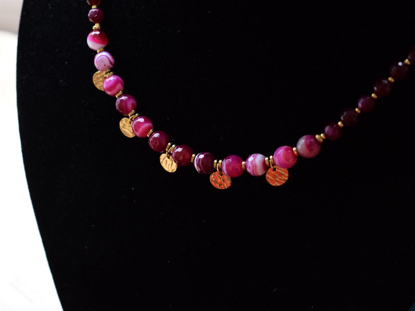 Red and Pink Agate Necklace – Gold Chain Gemstone Jewelry Gift for Women