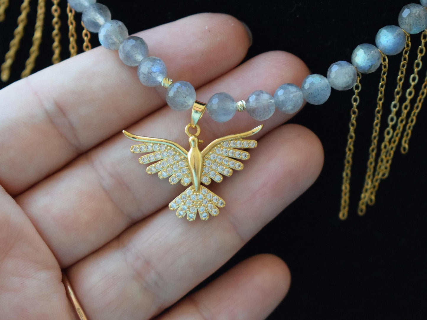 Golden Phoenix Pendant Labradorite Necklace