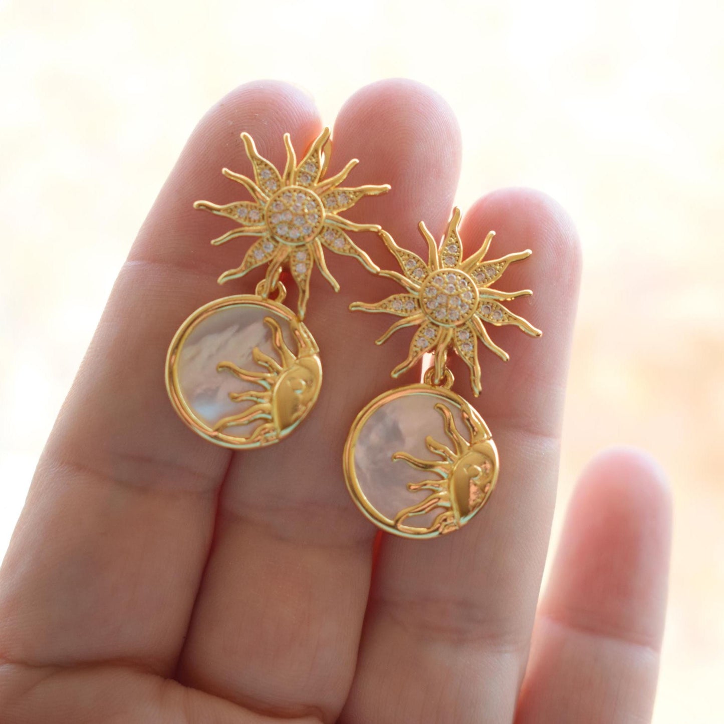 Sun and Moon Pearl Earrings — Celestial Gold or Silver Jewelry