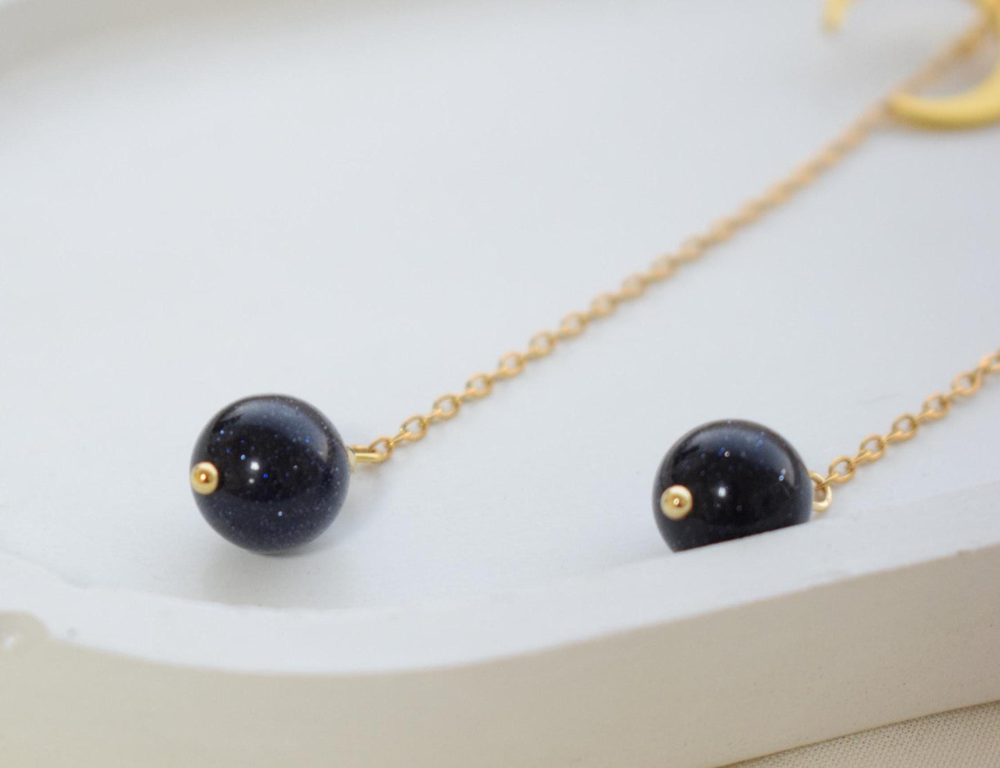 Aventurine Sun and Moon Long Chain Earrings – Gold Jewelry Gift for Women