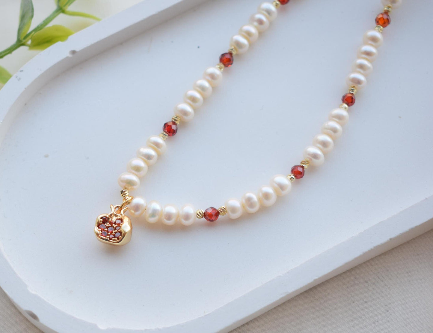 Pomegranate Pendant Necklace 14k Gold Plated - Spinel or Freshwater Pearl - Elegant Jewelry Gift for Women