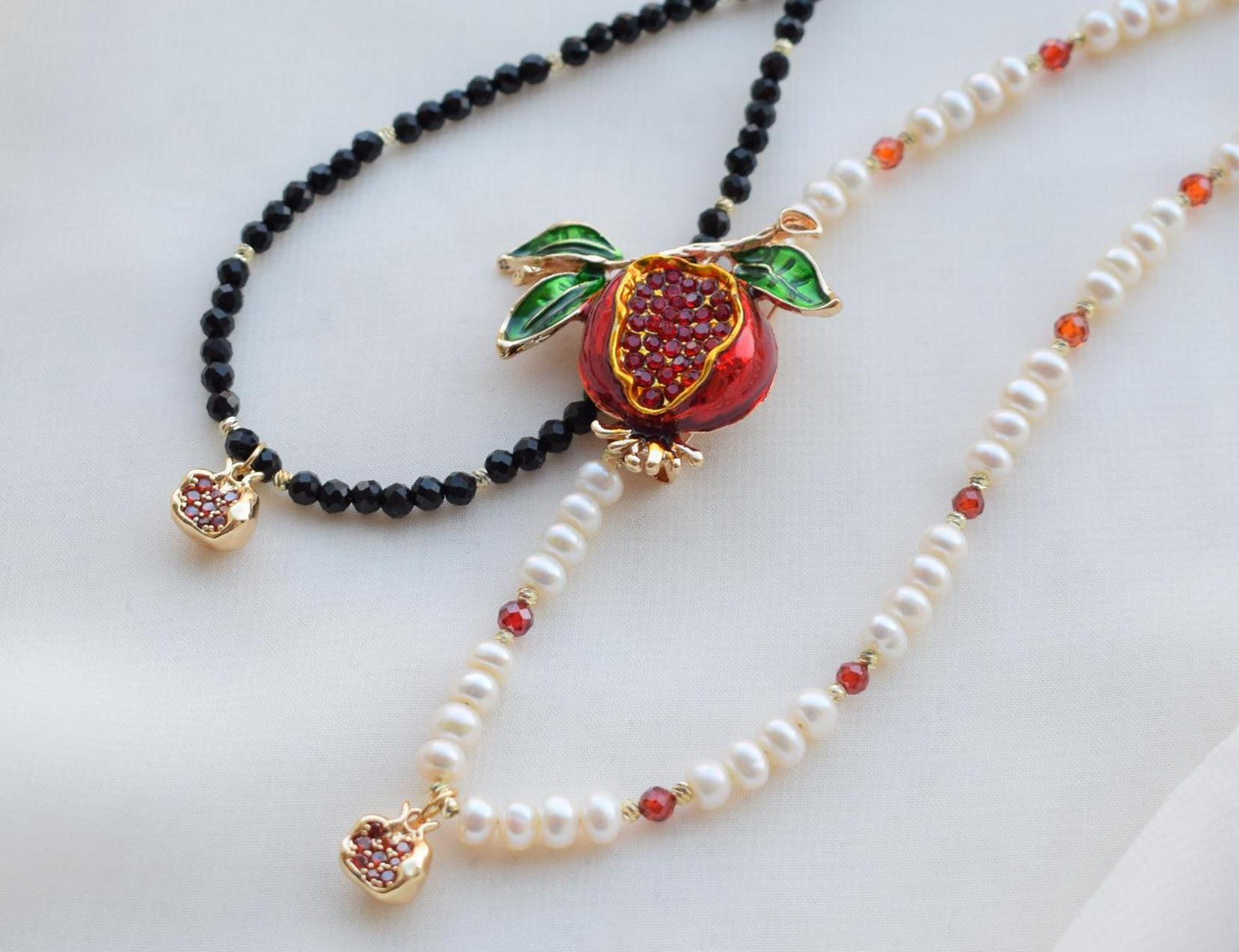 Pomegranate Pendant Necklace 14k Gold Plated - Spinel or Freshwater Pearl - Elegant Jewelry Gift for Women
