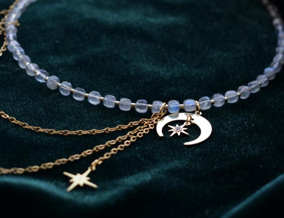 Labradorite Asymmetrical Choker Necklace with Moon Pendant – Elegant Gold Chains Jewelry Gift for Women