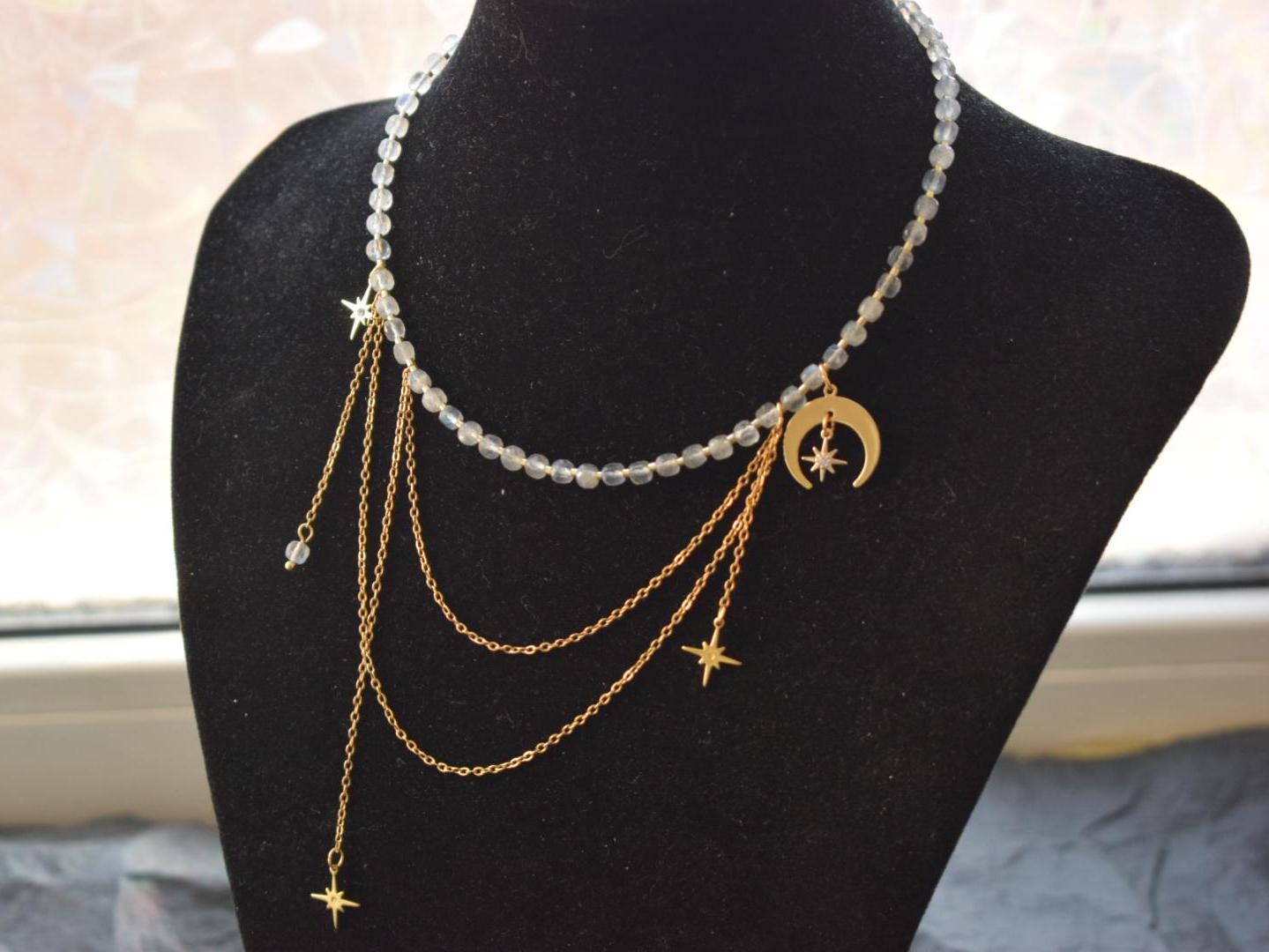 Labradorite Asymmetrical Choker Necklace with Moon Pendant – Elegant Gold Chains Jewelry Gift for Women
