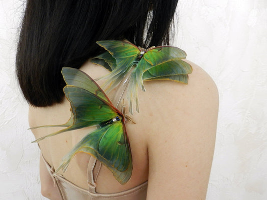 Large silk luna moth brooch styled on clothing as a handmade statement lapel pin
