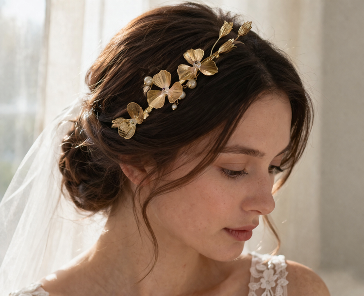 Handmade gold floral bridal hair accessory styled in a romantic wedding updo with veil and lace dress