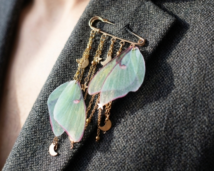 Handmade butterfly brooch pin with silk organza wings and gold chain details on a dark blazer