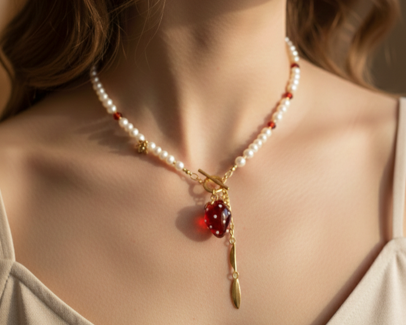Handmade pearl and charm necklace styled on a model with delicate red bead and gold accent details