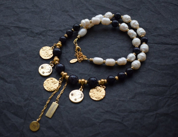 Handmade aventurine and freshwater pearl jewelry with gold charms