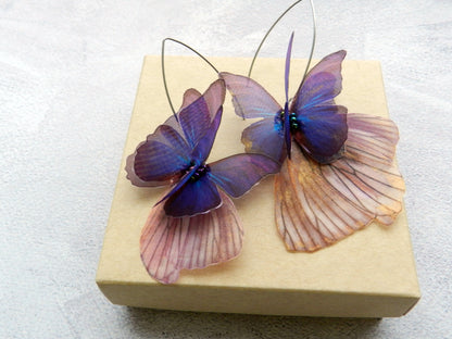 Silk blue butterflies drop earrings layering wings