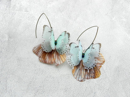 Silk blue butterflies drop earrings layering wings