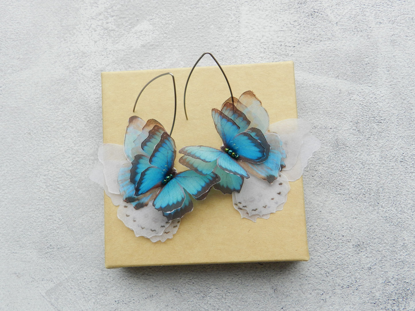 Silk blue butterflies drop earrings layering wings