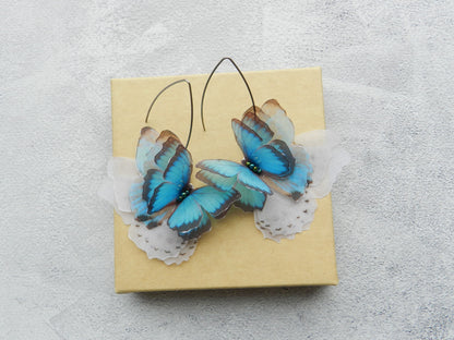 Silk blue butterflies drop earrings layering wings