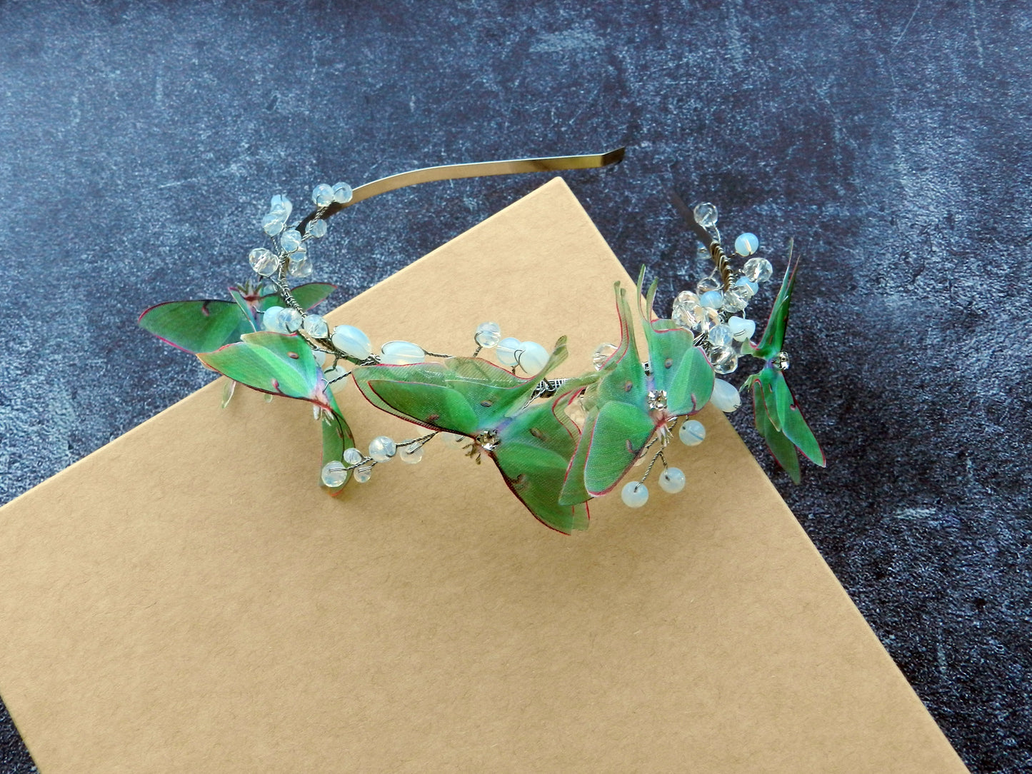 Silk Luna moth headband moonstone crystals and gold wire