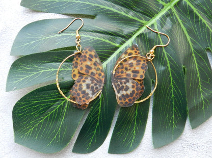 Silk leopard butterflies hoop earrings