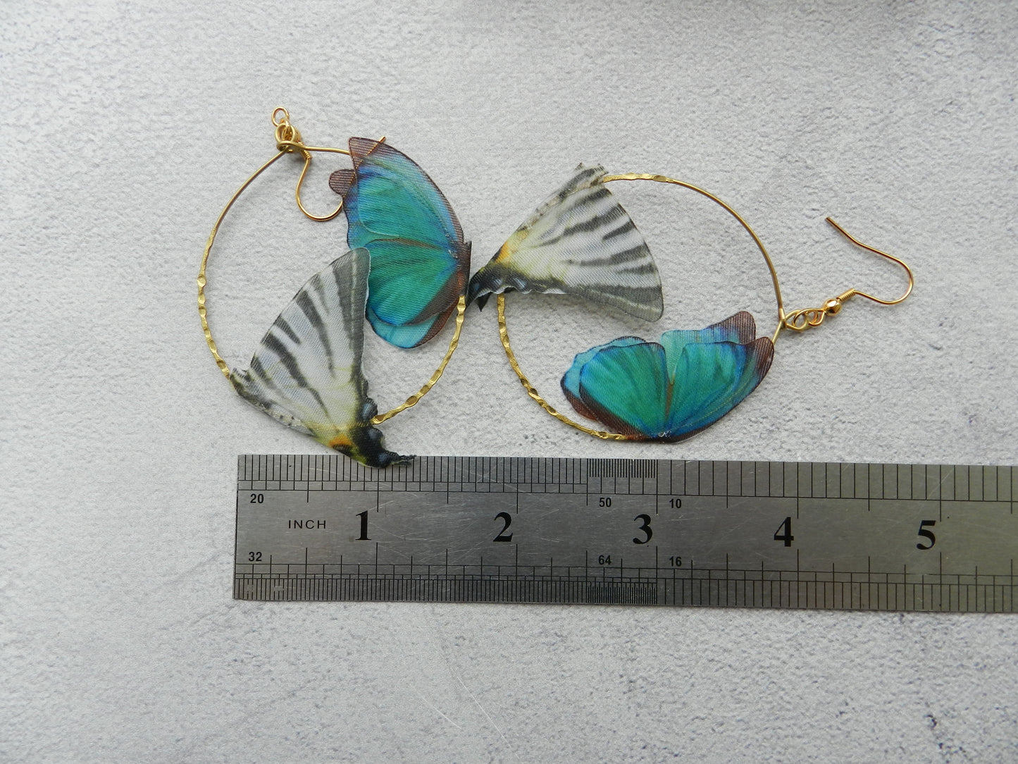 Silk blue butterflies hoop earrings