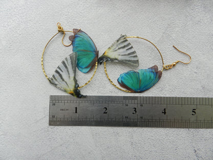 Silk blue butterflies hoop earrings