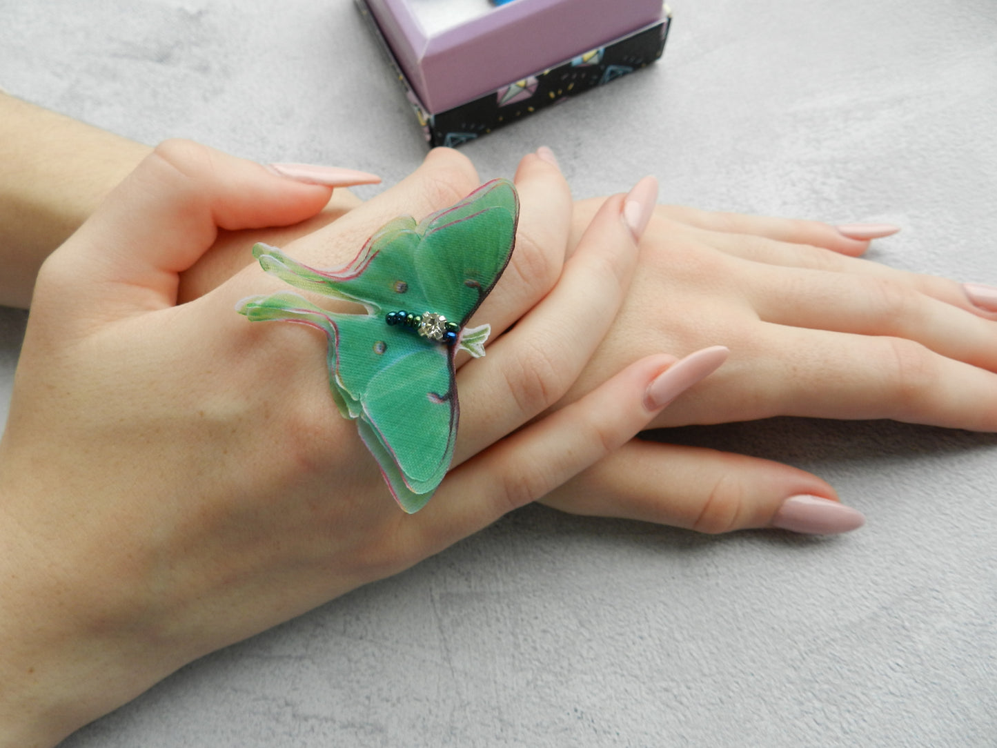 Morpho blue silk butterfly unique ring adjustable size