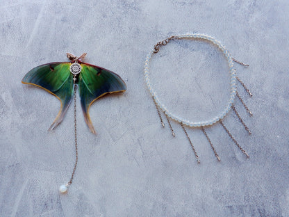 Luna moth extra large pendant choker backdrop necklace with moonstones