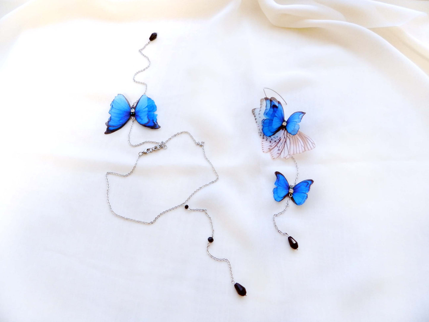 Blue Butterfly Backdrop Necklace and Single Earring