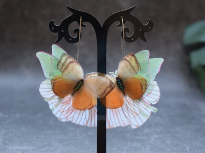 Silk orange butterflies moving wings drop earrings