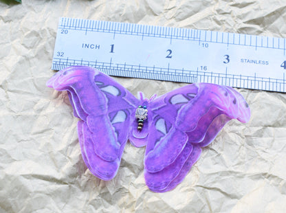 Silk purple Atlas Moth side hair clips