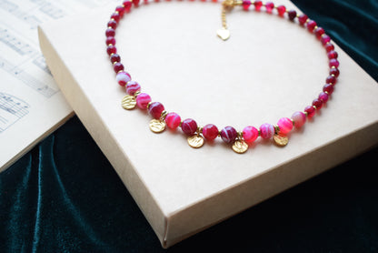 Red and Pink Agate Necklace – Gold Chain Gemstone Jewelry Gift for Women