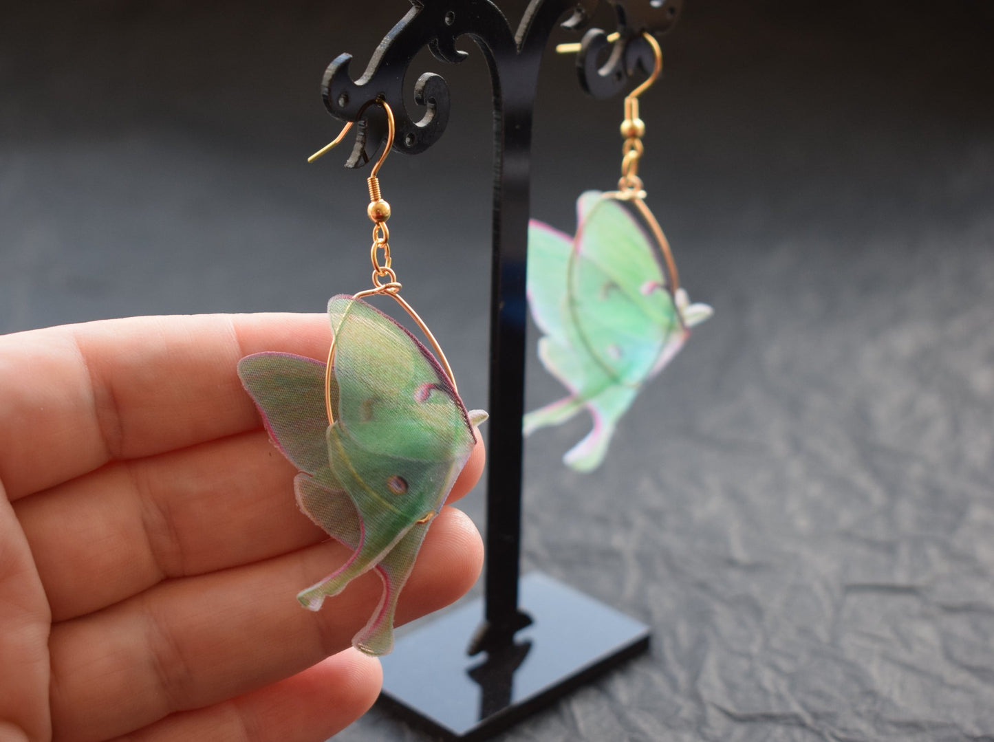 Silk butterflies golden oval drop earrings