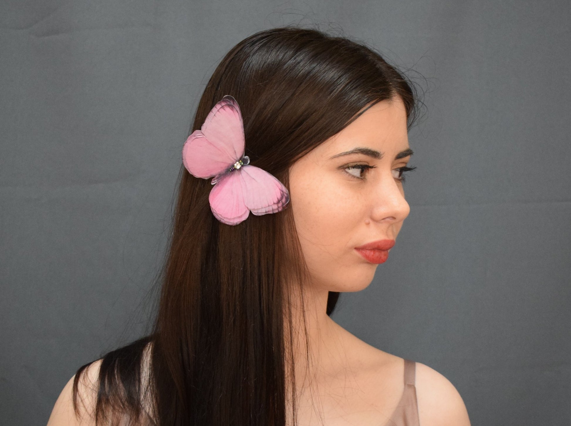 Pink silk butterfly hair clips pins or brooch 3d layered wings hair accessories for girl and woman