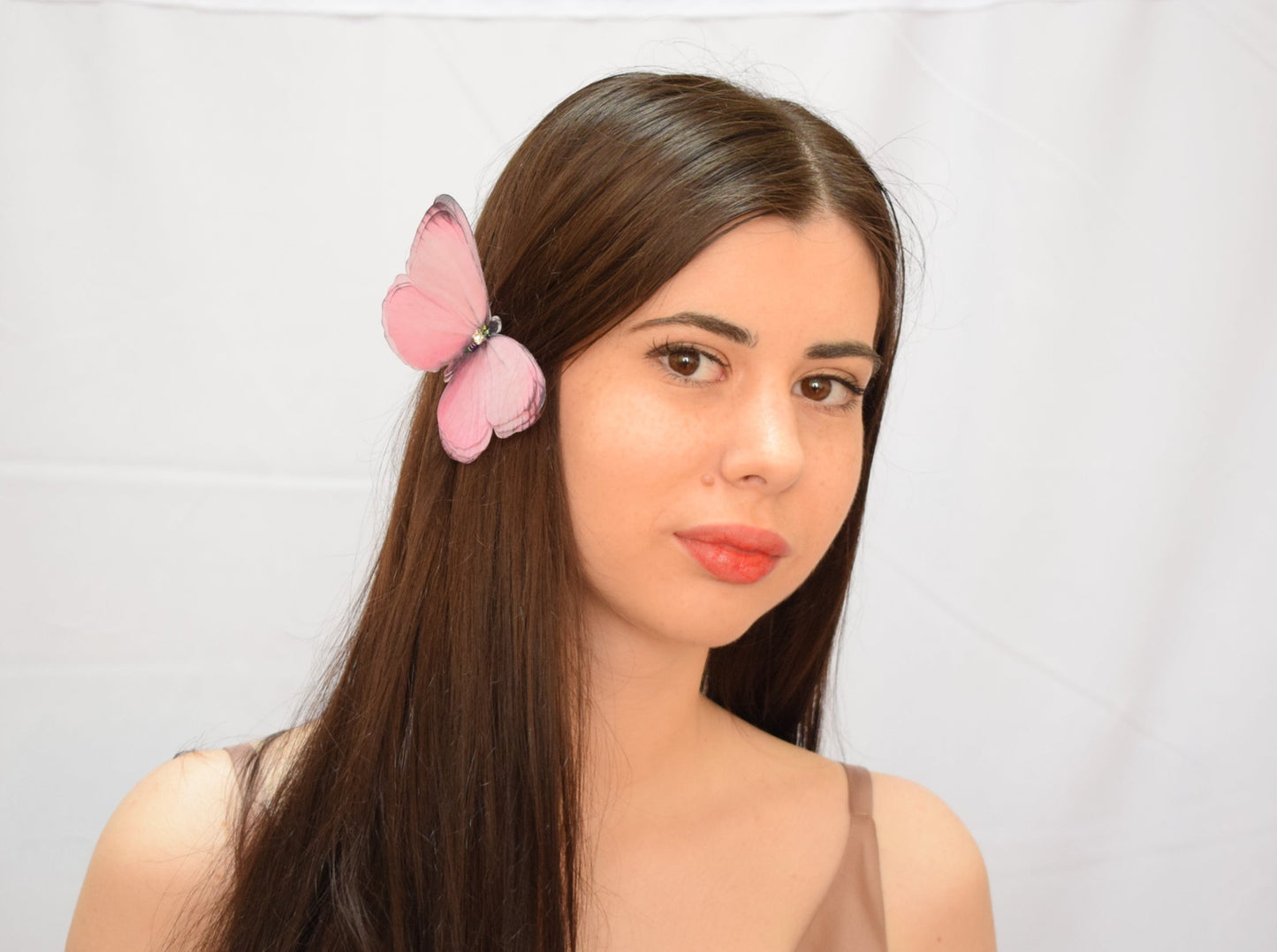 Pink silk butterfly hair clips pins or brooch 3d layered wings hair accessories for girl and woman