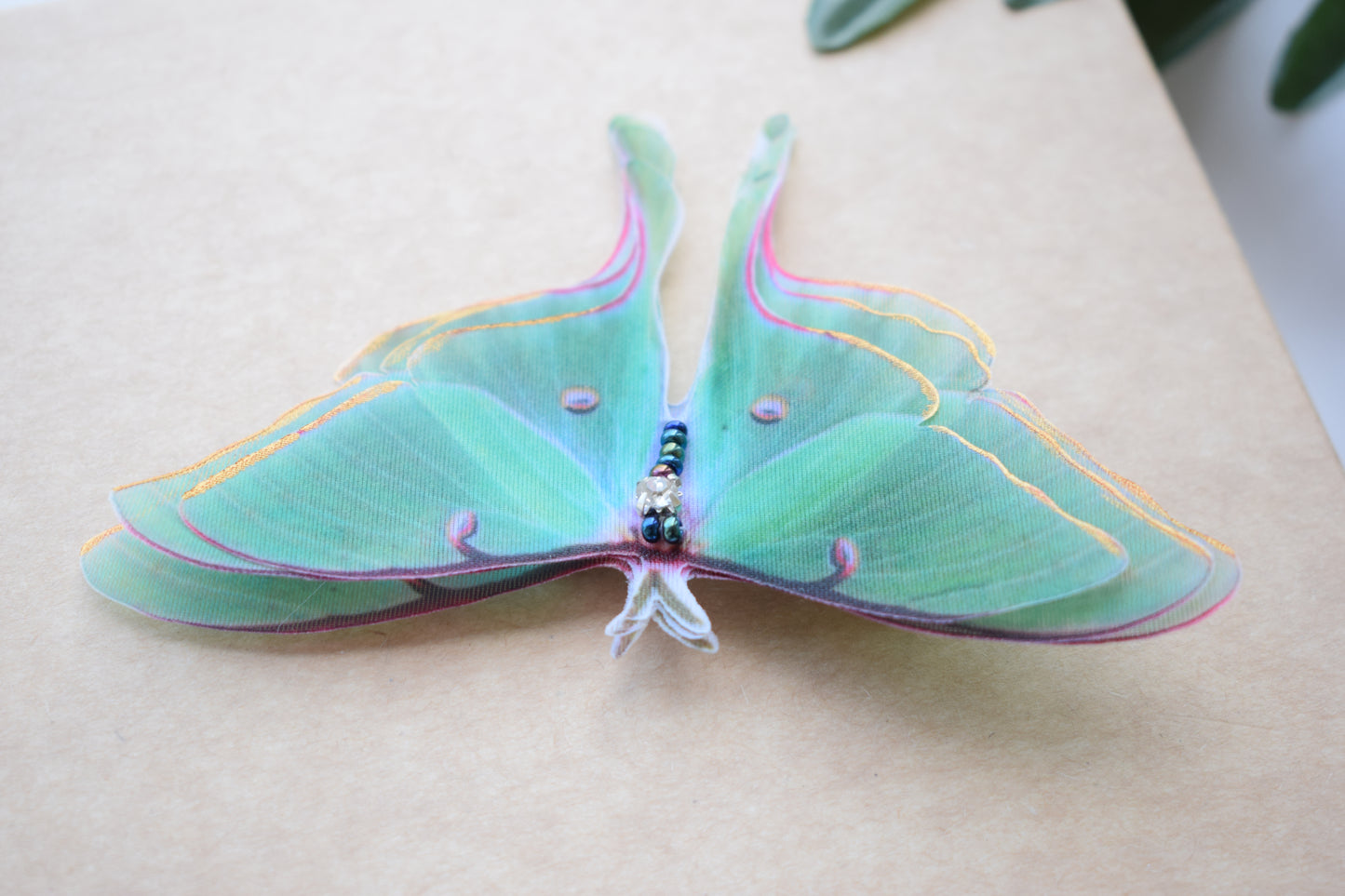 Silk luna moth hair clips with 3d wings