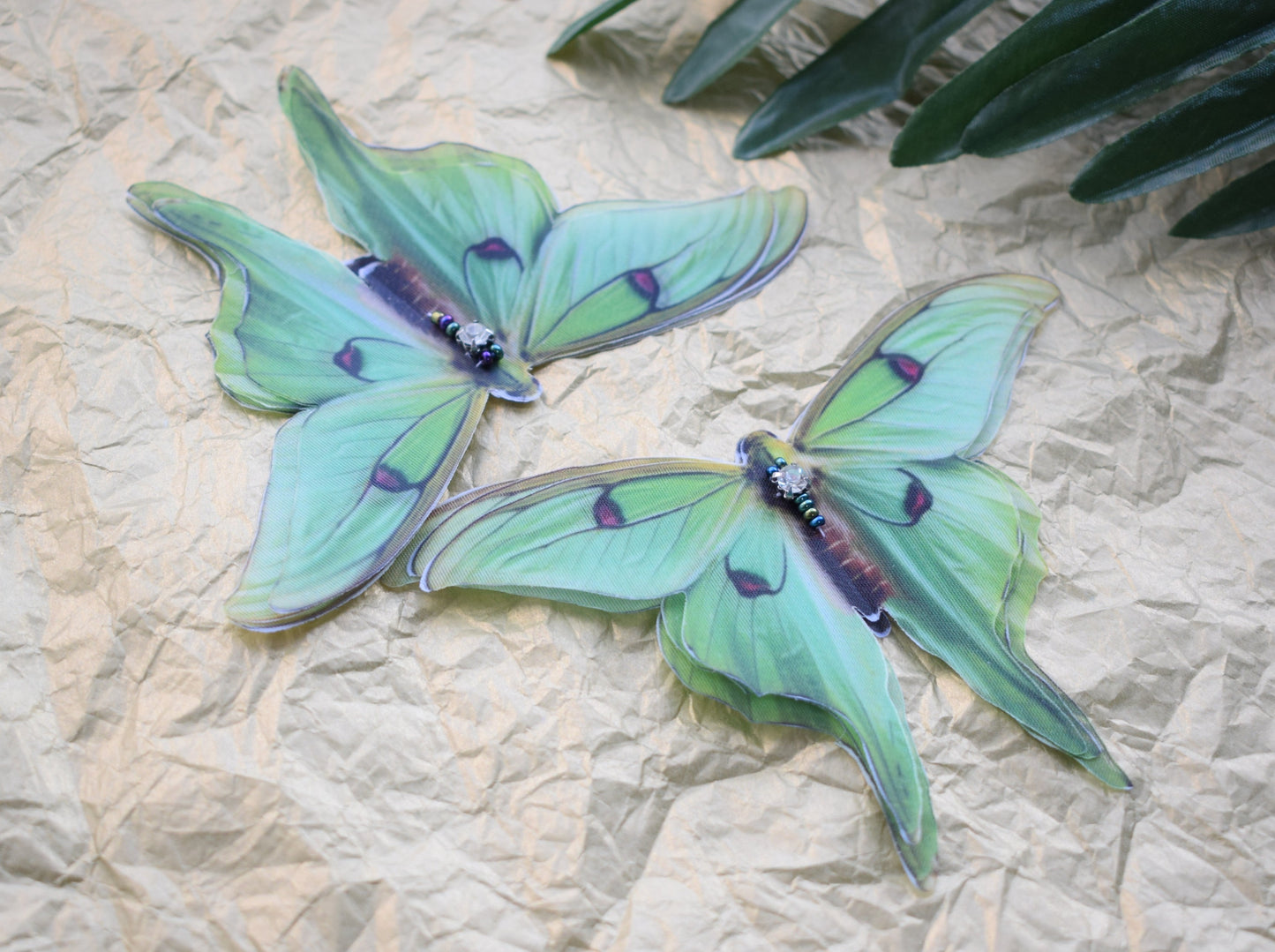 Silk olive luna moth hair clips