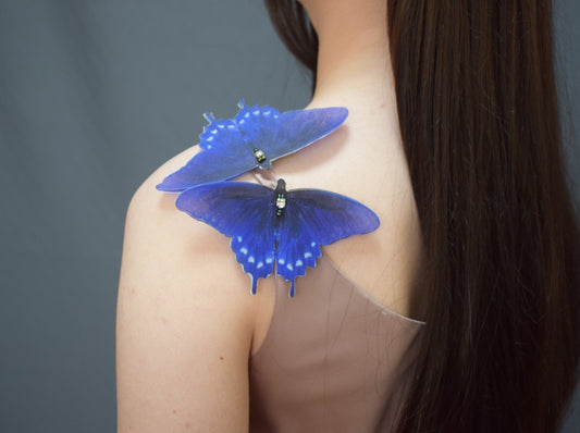 Pipevine swallowtail butterfly jewelry - Silk bright blue hair clips pins or brooch moving wings