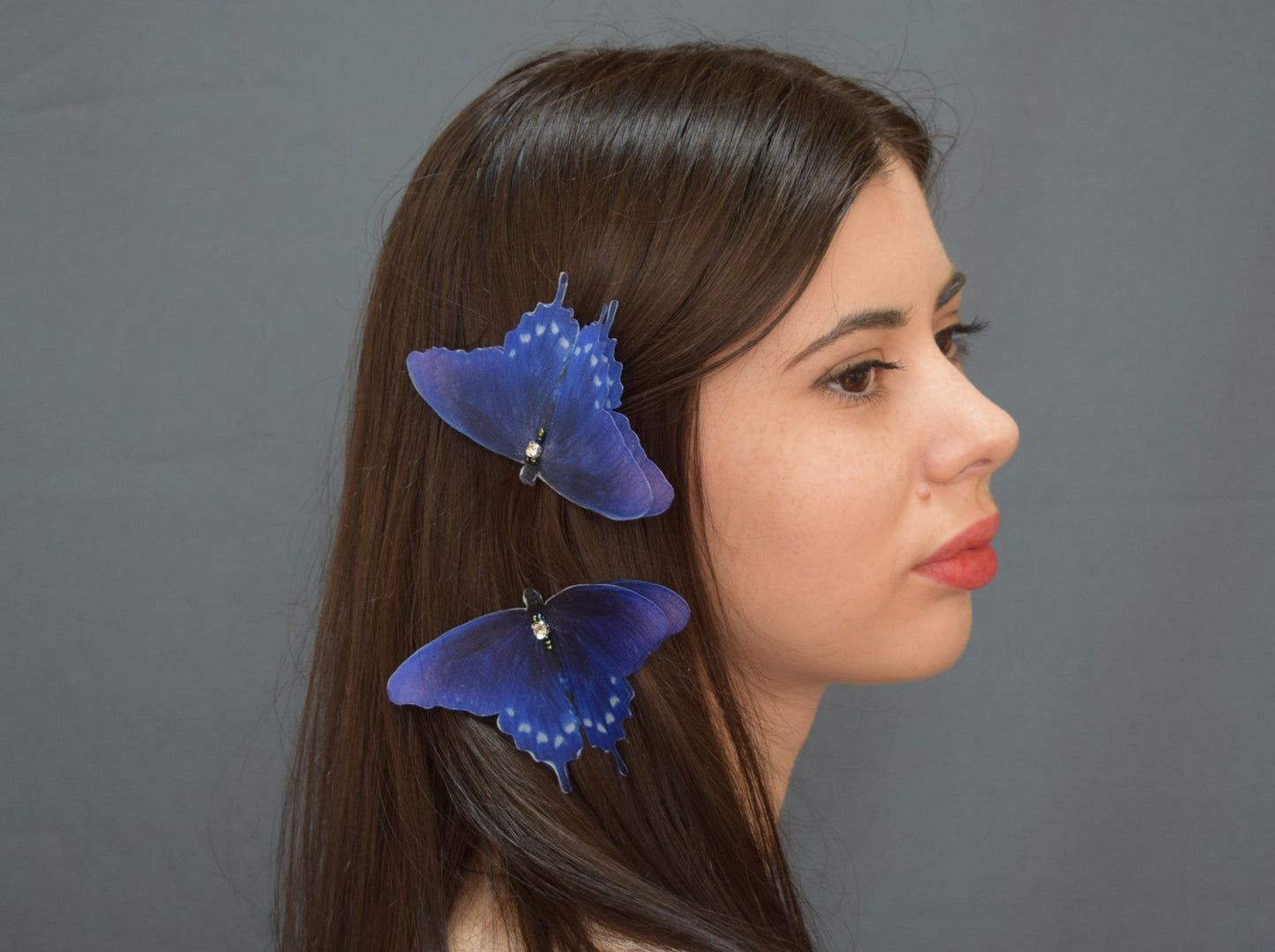 Pipevine swallowtail butterfly jewelry - Silk bright blue hair clips pins or brooch moving wings