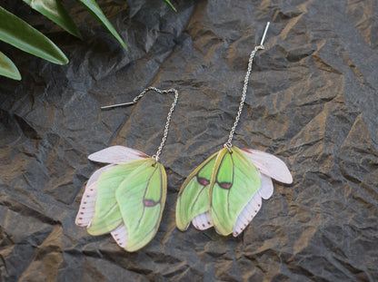 Silk olive green luna moth earrings set with hair clip