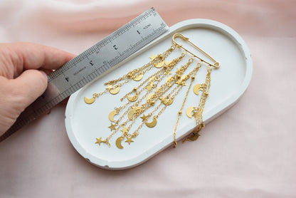 Celestial Star & Moon Brooch – Gold Chain Cosmic Lapel Pin Jewelry Gift