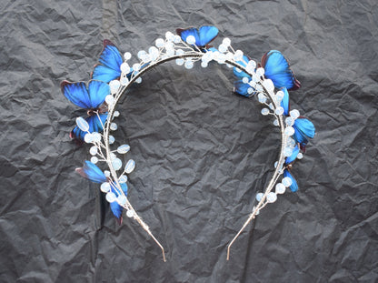 Morpho blue butterfly headband with moonstones