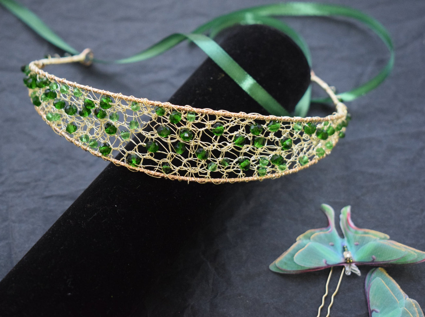 Yellow silk butterflies hair crown golden crystals and wire