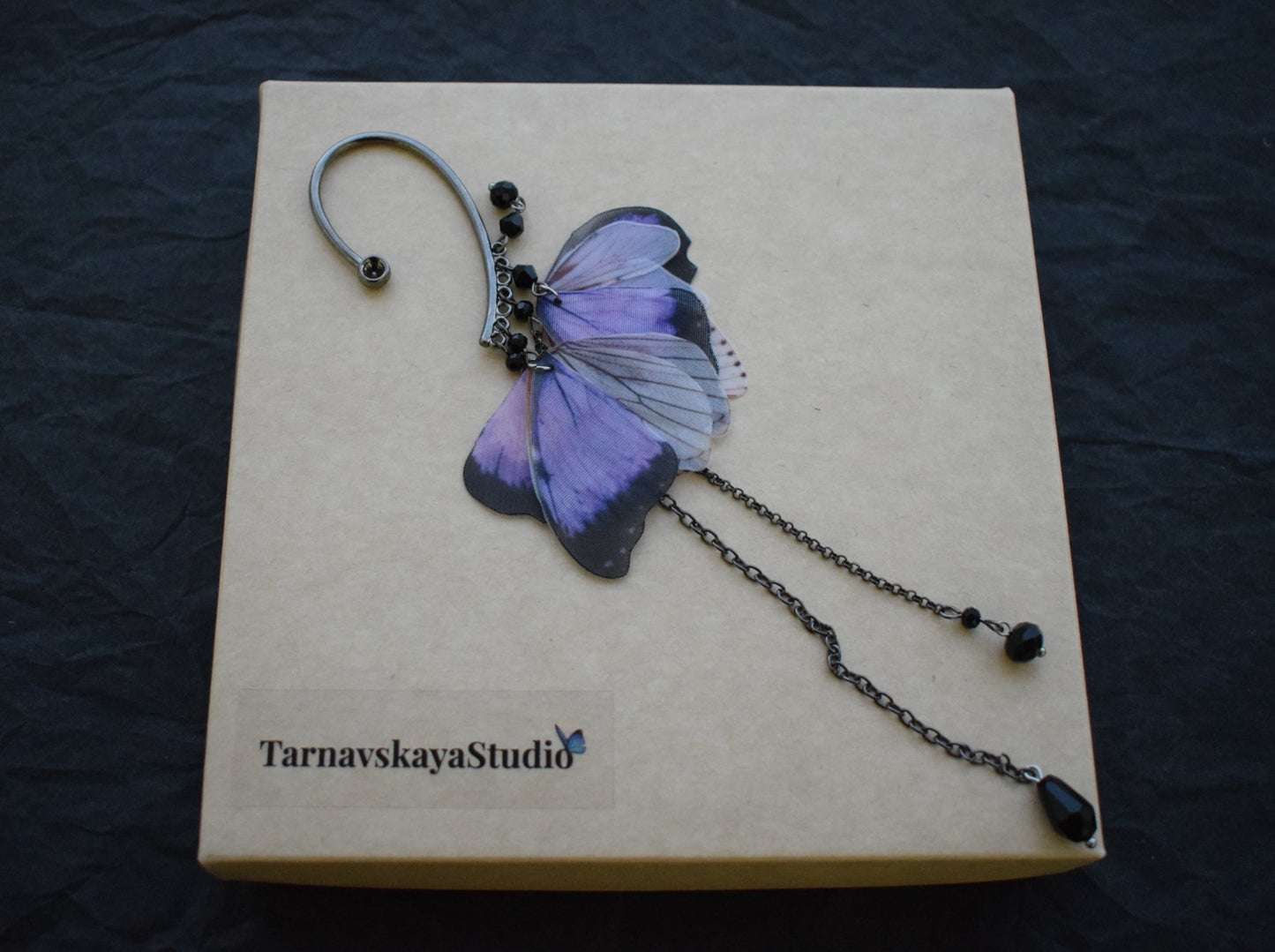 Purple silk butterfly wings ear cuff no piercing and hair clip