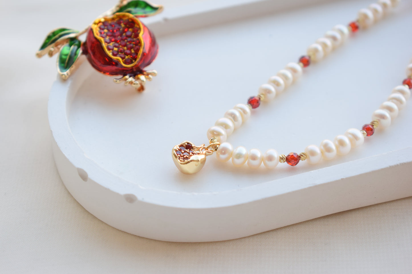 Pomegranate Pendant Necklace 14k Gold Plated - Spinel or Freshwater Pearl - Elegant Jewelry Gift for Women