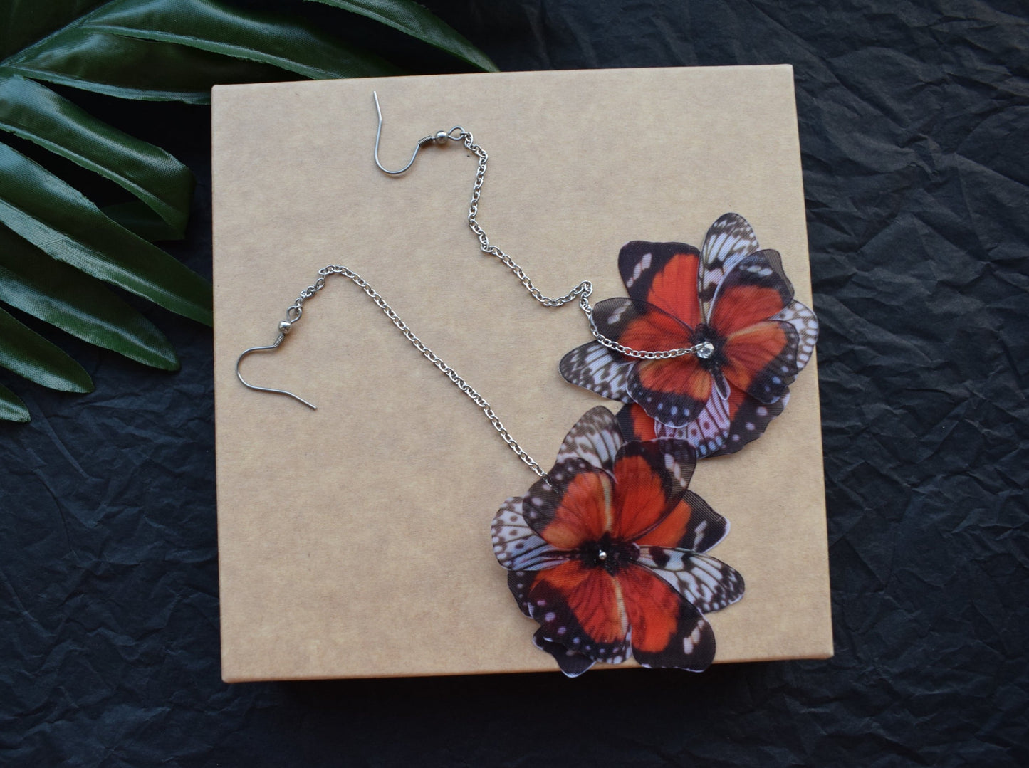 Silk butterflies extra long chains drop earrings