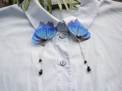 Silk blue or purple moth butterfly wings collar pins with chains