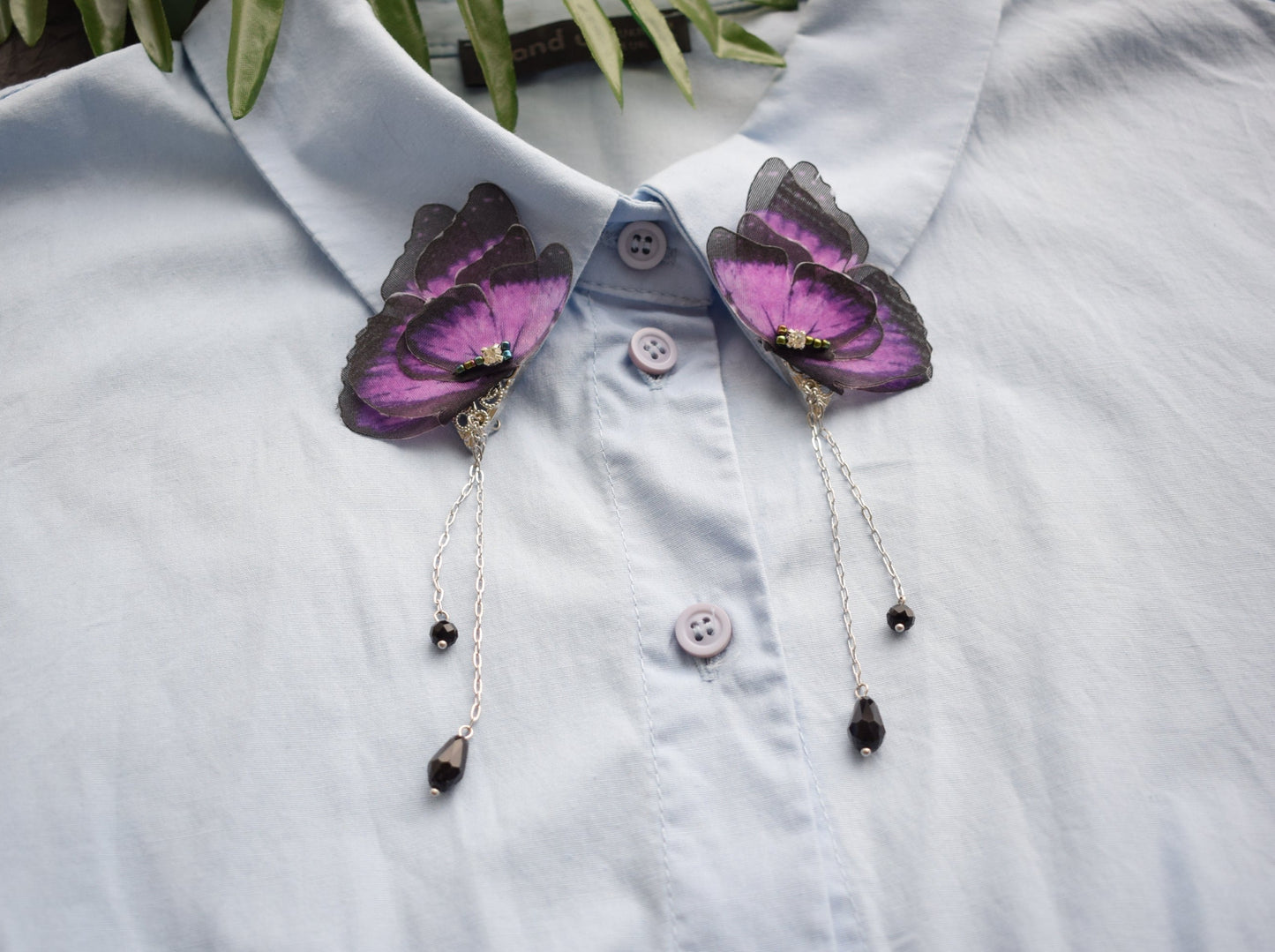 Silk blue or purple moth butterfly wings collar pins with chains