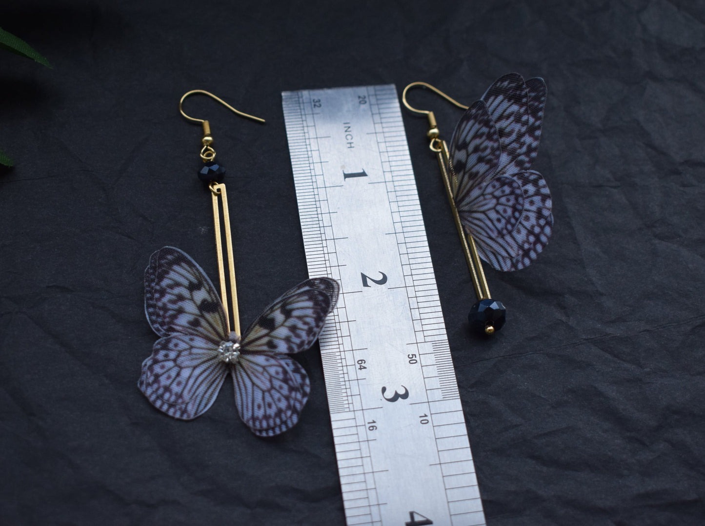 Golden mismatched drop earrings silk butterflies