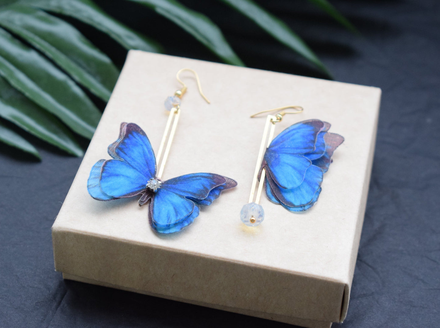 Golden mismatched drop earrings silk butterflies