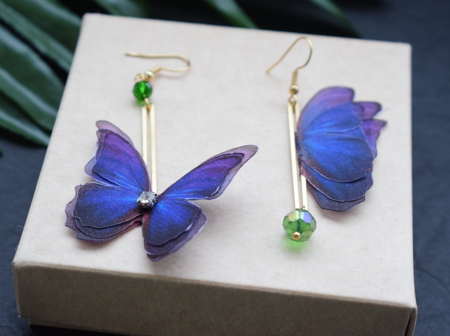 Golden mismatched drop earrings silk butterflies